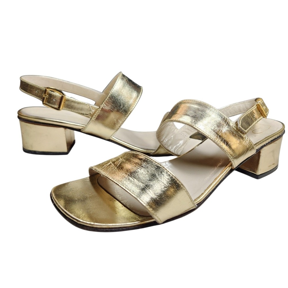 Vintage Pappagallo Gold Metallic Double Strap Block Heel Sandal Mod Disco 60s 7M